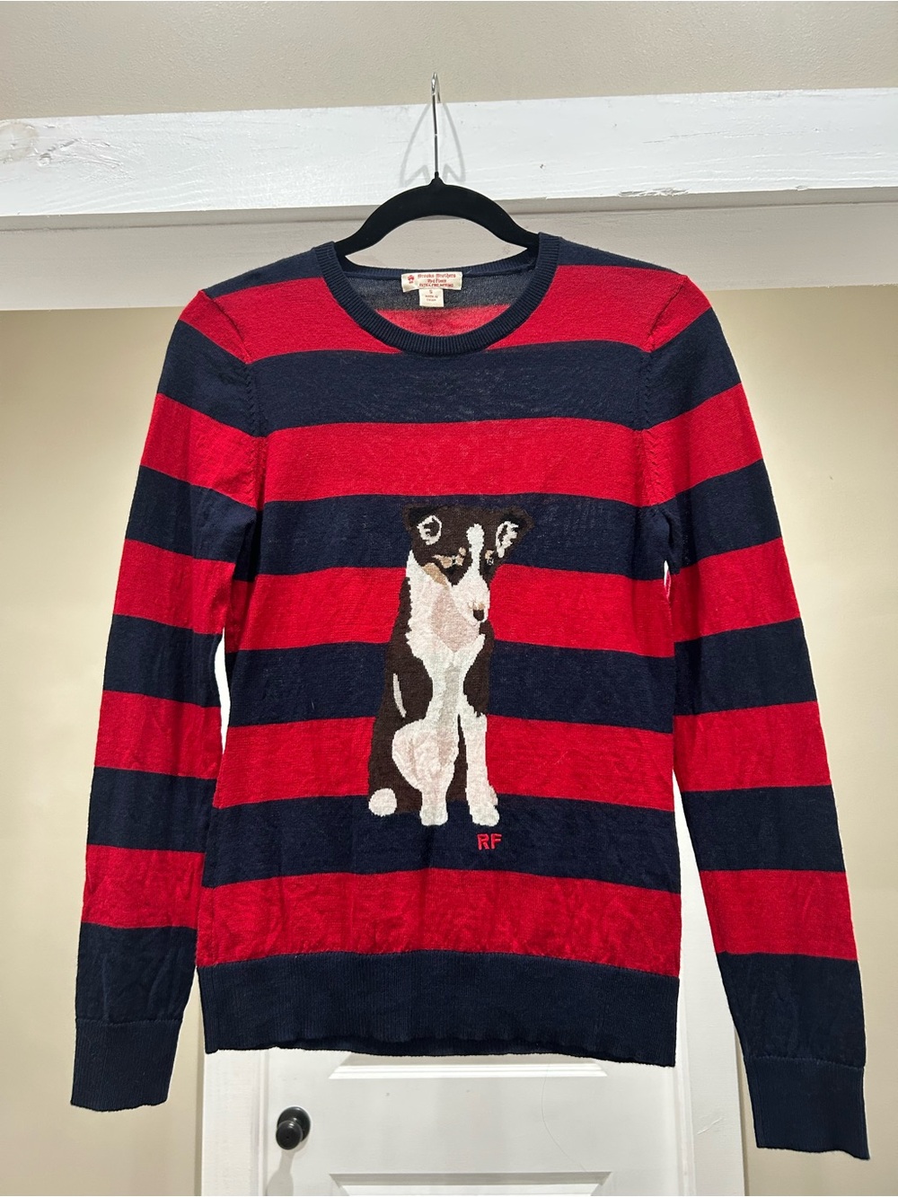 Brooks Brothers Red and Navy Striped Crewneck Sweater with Dog Intarsia